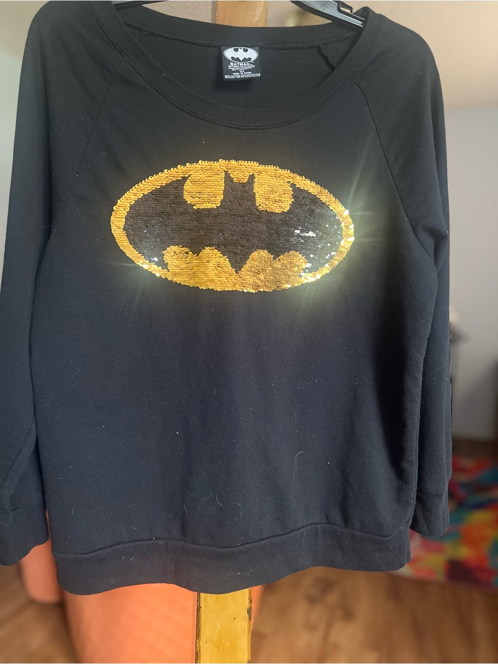 Batman Black Crewneck Pullover Sweatshirt Gold Sequin Logo Graphic XL Women